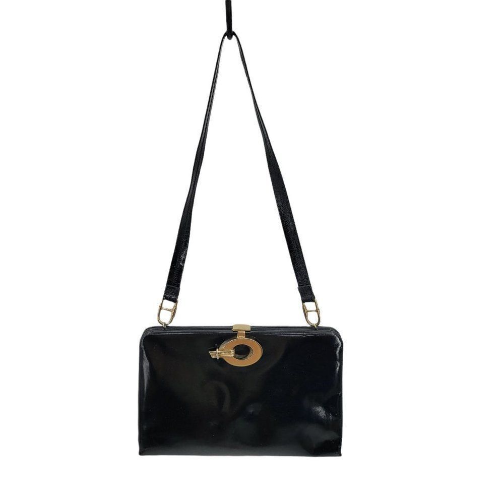 Vtg 60's‎ Handbag Designer Shoulder Bag Smooth Black Framed Gold Lock Closure